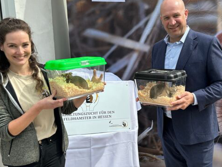 Zwei Menschen halten Boxen mit Hamstern in die Kamera.